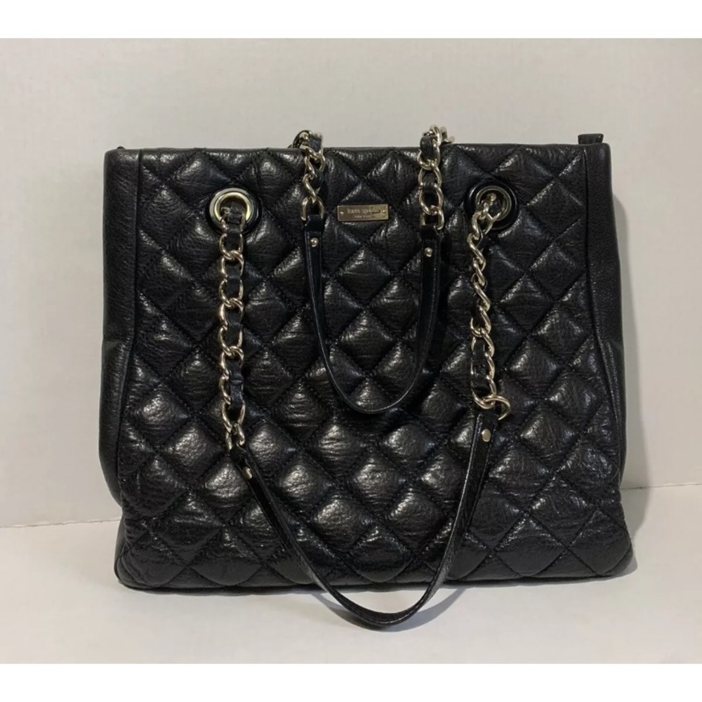 Kate Spade Quilted Black Leather Chain Link Tote Large Bag